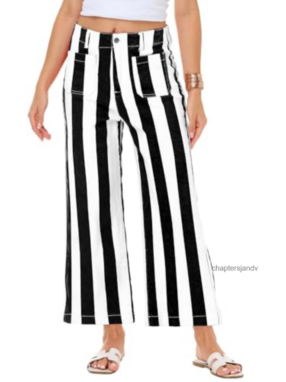 Women's Striped High Waist Wide Leg Cropped Stretch Denim Jeans with Pockets